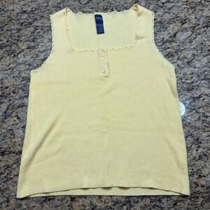 Basic Editions Womens XL Yellow Ribbed Knit Tank Top Crochet Lace Henley